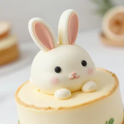 bunny bakes a cake, full shot closeup portrait edition, tilt shift background