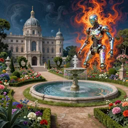 Beautiful garden, next to a fountain and a mystical palace. By (Rembrandt painting(100)(fractal flame)), psychedelic, mech, pearlized, highly detailded