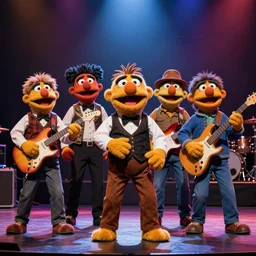 music band ABBA as Muppets on stage, stage lighting, ultra realistic details, 4k