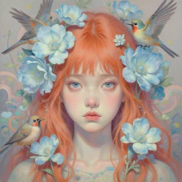 breathtaking detailed concept art painting portrait in pastel colors of single girl with anxious piercing eyes by hsiao - ron cheng amalgamation light blue flowers and birds in carroty hair, weird background with bizarre compositions blend of flowers and birds, exquisite detail, central composition, 8 k