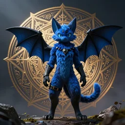 a blue - and - black catbat fursona ( from the furry fandom ), nanopunk, in the style of a mandala