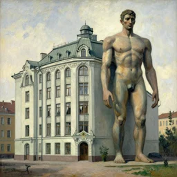 artwork of a building with a distinctive style and a large humanoid by ilya repin,