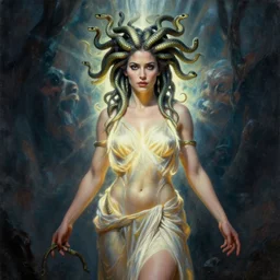 Full body photo of the beautiful goddess Lana Rhoades as Medusa the greek goddess, she has those characteristic snakes coming out of her head, she is looking straight to the camera, she has a glow coming from her, she is getting illuminated for rays of light, behind her is a scary atmosphere, the photo was taking by Annie Leibovitz, matte painting, oil painting, naturalism, 4k, 8k
