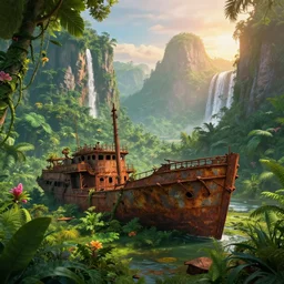 a rusty shipwreck in a prehistoric jungle, lush flora, waterfall, towering mountains, flowers, vines, sunset, hazy, volumetric lighting, rtx on, washed out dark colors, an award - winning digital render, beautiful, stunning, ultradetailed, great composition
