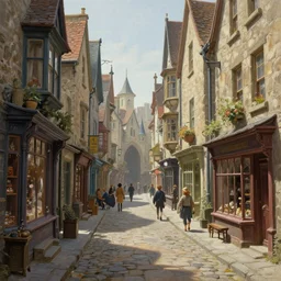 a busy fantasy street looking down one street within a fascinating old city, quirky shops, narrow streets, old buildings, cobblestones on the ground, stone steps, street life, by Sylvain Sarrailh, single street,  cinematic, simple but effective composition, clean lines, beautiful digital painting, oil painting, detailed,  dungeons and dragons, lord of the rings