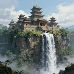 ancient temple on top of a waterfall, digital art, concept art, fantasy art, highly detailed, hd wallpaper, hdr, artstation, deviantart, behance