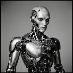 a portrait photo of a fine detailed elaborate cyborg by alvin schwartz, high contrast black and white, studio lighting, hasselblad camera, ilford hp - 5