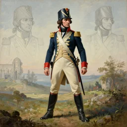 handmade character portrait of a frenc soldier in 1 7 9 5 at the french revolution in a thematic landscape in the style of artgerm and enki bilal and bastien lecouffe - deharme, wlop, line art, oil on canvas, full body anatomically correct, dynamic pose, cinematic lighting, hyperdetailed, 8 k realistic, symmetrical, global illumination, frostbite 3 engine, cryengine, dof, trending on artstation, digital art, channel