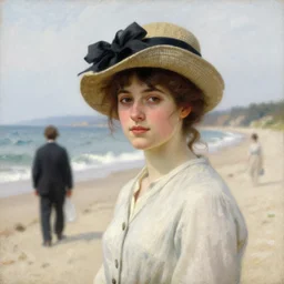 painting of a young woman with a hat on at a beach by Guy Rose and Geroges Clarin, high quality, highly detailed, Romanticism, 1900s, oil painting, coherent