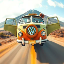 fisheye perspective caricature watercolor painting of a vw volkswagen bus, bulli, type - 2, microbus, kombi from pixars cars with eyes instead of a windshield flying towards the camera, jumping at the viewer doors fully open, luggage in the air, dynamic action shot, fish eye lense, frontal, huge vulcano is seen in the background