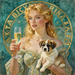 blonde with glass of champagne in her hand and puppy on her arm. teal background. art by mucha