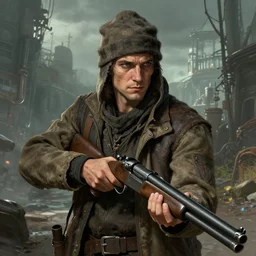 character concept art of a hobo with a shotgun, key visual, realistic shaded perfect face, fine details, dystopian environment and background, by stanley artgerm lau, wlop, rossdraws, james jean, andrei riabovitchev, marc simonetti, and sakimichan, trending on artstation in disco elysium