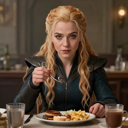 perfectly - centered - portrait of sansa stark having a breakfast, intricate, highly detailed, digital painting, artstation, concept art, smooth, sharp focus, illustration, realism, unreal engine 5, 8 k, art by dave rapoza and sam spratt