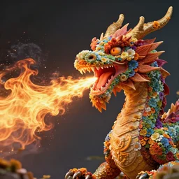 hyperrealistic dragon shooting flames out of its mouth, but the flames are made of flowers, highly detailed, trending on artstation, 4k