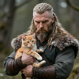 a very badass viking daddy holding a cute orange kitten, realistic