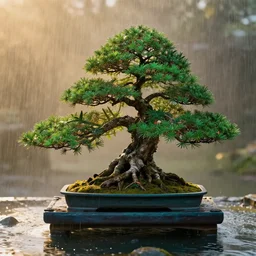 concept art bonsai cedar on a emerald marmalade in the water, gold hour, soft lighting, rain, medium full shot, volumetric lighting, beautiful, ultra detailed, 3 5 mm, fujifilm, cinematic