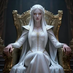 tall elven queen sitting on the throne, long white hair, pale skin, golden coloured eyes, stunning 3 d render inspired art by greg rutkowski and xiang duan and thomas eakes, realistic, highly detailed attributes and atmosphere, dim volumetric cinematic lighting, 8 k octane detailed render, post - processing, masterpiece,