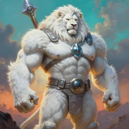 muscular oversized white lion animal as barbarian hunter  with synthwave oversized chest armor and shiny weapon , full human oversized mutant proportions hairy body , backlight  body , extreme very textured detailed panoramic portrait oil painting by rembrandt, sunset, dramatic clouds and cyan atmosphere