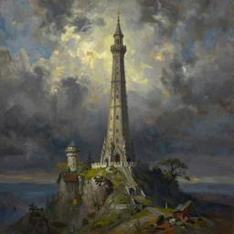 an oil painting of a tower on the edge of forever, fantasy, hyper realistic, dramatic lighting, cinematic, 35mm lens, 2k,