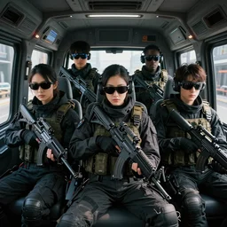 movie diverse interracial team of Japanese sci-fi futuristic robbers armed with rifles interior clean futuristic tactical van, cyberpunk city, sunglasses, goggles, beautiful skin, Symmetrical faces. natural lighting by Emmanuel Lubezki