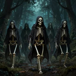 a group of skeletons with hoodies walking in a forest at night, dnd, dramatic, fantasy art, concept art