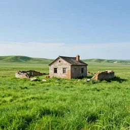 grasslands, ( ( house ) )!!!!! ( ( ( ( ( ( ( ( ( ( ruins ) ) ) ) ) ) ) ) ) ), [ 4 k photorealism ]!!!, trending on unsplash, intricate, zoomed out photography