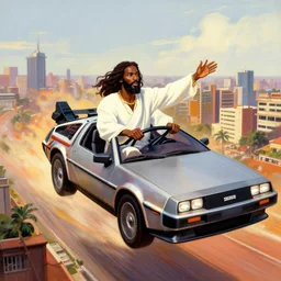 vfx art of an african jesus jesus driving a flying delorean over lagos city in nigeria, art style by ernie barnes & drew struzan,