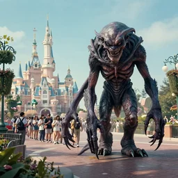 distant photo of a horrifying lovecraftian creature waiting in line at disneyland, high resolution photography