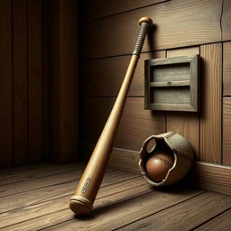 wooden baseball bat in a corner of the room, ultra detailed