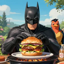 “batman eating a burger at a BBQ with robin ultra realistic”