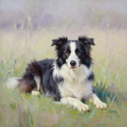 a painting of a border collie lay down in an ethereal place, by james jean, by simon stalenhag, pastel shades