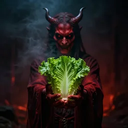 the devil offering you the devil's lettuce, moody lighting, creepy, smoke in the air, dark shadows, fiery, ominous, 4k, DSLR photo