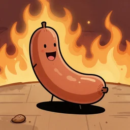 A drawing of a happy sausage in a room with burning walls