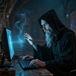 a necromancer conjuring spirits with a computer.