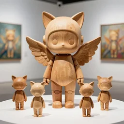 8 k octan advertising detailed photo, a totally wooden sculpture collection art toys on feet, very cute cyborg zen with cat ears and wings angel, cyberpunk a contemporary art gallery sharp focus, masterpiece nofinito