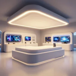 art by filip hodas, pixar and artgerm. led lights, sci - fi architect store design, clean, entertainment center, indoor, spacious. surrealism.
