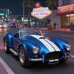 a wholesome animation key shot of!! one!! focused!! ac cobra!!, shiny deep blue with white stripe, in a las vegas street, medium shot, studio ghibli, pixar and disney animation, sharp, very detailed, high resolution, rendered in unreal engine 5, anime key art by greg rutkowski, bloom, dramatic lighting