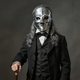 portrait painting of a 3 0 years old male, wearing a silver iron mask, long grey hair, gentleman's dress, with a cane in his hand ， unreal render cinematic lighting art 1 9 2 0 period drama by bussiere rutkowski andreas rocha