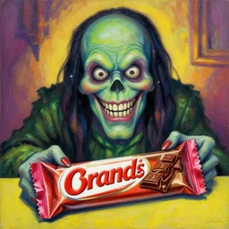 Creepy colorful John Berkey painting of a delicious brand name chocolate bar advertisement by Craig Mullins
