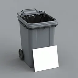 high quality 3 d render of a garbage bin that is grey with a black trash bag in it with an empty white square sign laying in front of it