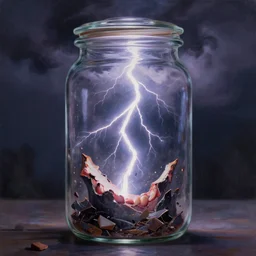 an intense lightning storm trapped inside a jar, breaking out of the jaw. beautiful detailed dramatic painting by artgerm and magali villanueve and james jean