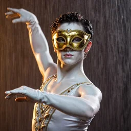 portrait of a male dancer with a beautiful porcelain face dressed in a venecian mask, gloves on the hands, rain, cinematic light and reflections, beautiful dreamy lighting, photographed by annie leibovitz, zbrush,
