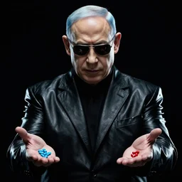 benjamin netanyahu as morpheus wearing black leather suit and sunglasses, blue red pills in hands, black background, dramatic lighting, the matrix, cinematic