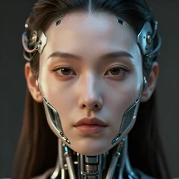 a beautiful close up portrait of a symmetric woman face, with bionic cyborg implants, wires, tubes, biomechanical details, cinematic lights, depth of field, cinematic, concept art, 5 0 mm, artstation, elegant, focus, octane render, vray, by h. r. giger
