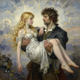 a man holding a blonde girl, surreal, fantasy character, wide angle, ultra realistic, intricate details, female elfling, highly detailed oil on watercolor wood block print by gaston bussiere, craig mullins, j. c. leyendecker 8 k