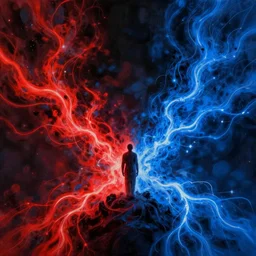 an energy stream running left to right. a figure in the center. on one side the energy is red and dark, on the other side it is blue and bright | painting by craig mullins