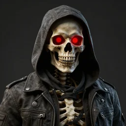 a skeleton with a scary skull and red glowing circles in the eyes wearing a jacket with capuchin, face portrait, portait image, hyperrealistic, concept art, octane render, unreal engine 5, trending on artstation, greg rutkowski, high quality, highly detailed, dramatic lighting, cinematic, high coherence, anatomically correct, path traced, badass, epic image