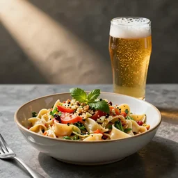a bunch of random food in a bowl to make some kind of pasta salad, half empty pint of beer