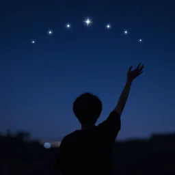view from behind a dead by daylight killer looking up to a night sky with arm raised, stars aligning, character portrait, digital art