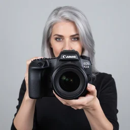 Woman with silver hair, medium shot, Canon EOS R3, f/1.4, ISO 200, 1/160s, 8K, RAW, unedited, symmetrical balance, in-frame